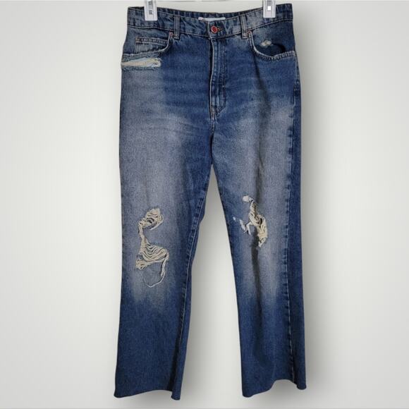 Zara High Rise 90s Full Length Jeans Size 6 Distressed Midwash Raw Hem Classic - Picture 1 of 11